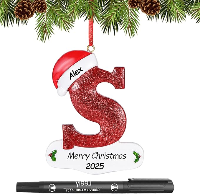 Personalized 26 Letters Ornaments for Christmas Tree 2025, Custom Christmas Ornament with Family Member's Names 3D Resin Xmas Hanging Pendant Original Gifts for Family Friends(S)