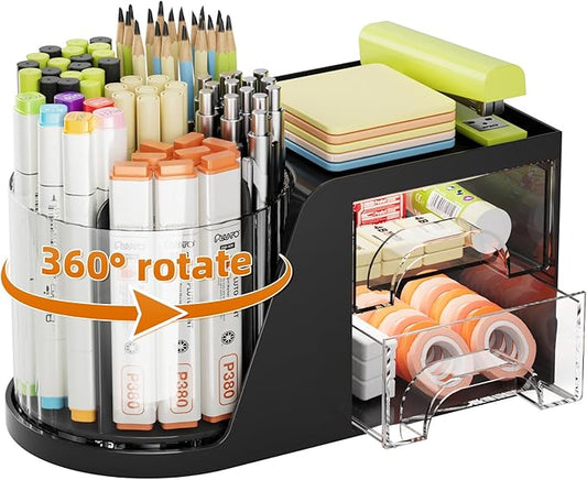 Marbrasse Desk Organizer with 2 Drawer, 360 Rotating Pen Holder, 6 Slots Pencil Organizer + 2 Drawer, Art Supply Storage Box Caddy for Office (Black)