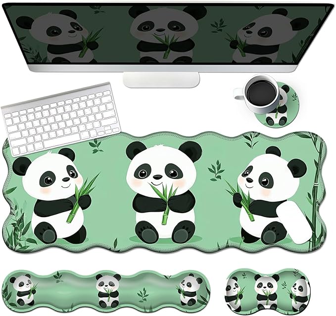 4-Piece XXL Gaming Mouse Pad Set (31.5"x11.8") with Keyboard Wrist Rest,Mouse Wrist Support & Coaster,Ergonomic Non-Slip Desk Mat for Office & Home,Cute Three Pandas