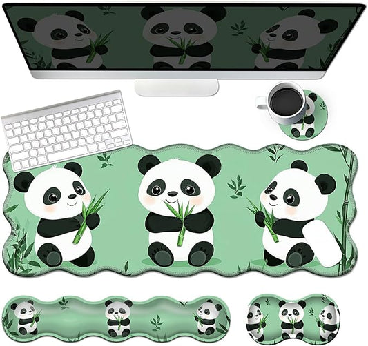 4-Piece XXL Gaming Mouse Pad Set (31.5"x11.8") with Keyboard Wrist Rest,Mouse Wrist Support & Coaster,Ergonomic Non-Slip Desk Mat for Office & Home,Cute Three Pandas