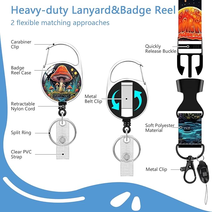 Mushroom Lanyards for Id Holder, ID Badge Holder with Retractable Lanyard, ID Holder with Badge Reel Clips, Name Tag ID Card Holder Teacher Women Doctor Office Gift