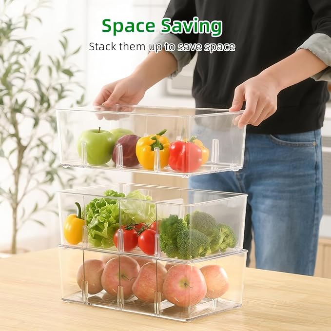 Pantry Organizers and Storage,Kitchen Organizers and Storage for Fridge,Drawer and Refrigerator - Spice Organization for Cabinet,Clear Plastic Stackable Storage Organizer Bins with 3 Dividers (3 Pcs)