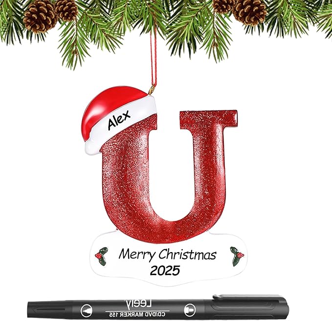 Personalized 26 Letters Ornaments for Christmas Tree 2025, Custom Christmas Ornament with Family Member's Names 3D Resin Xmas Hanging Pendant Original Gifts for Family Friends(U)