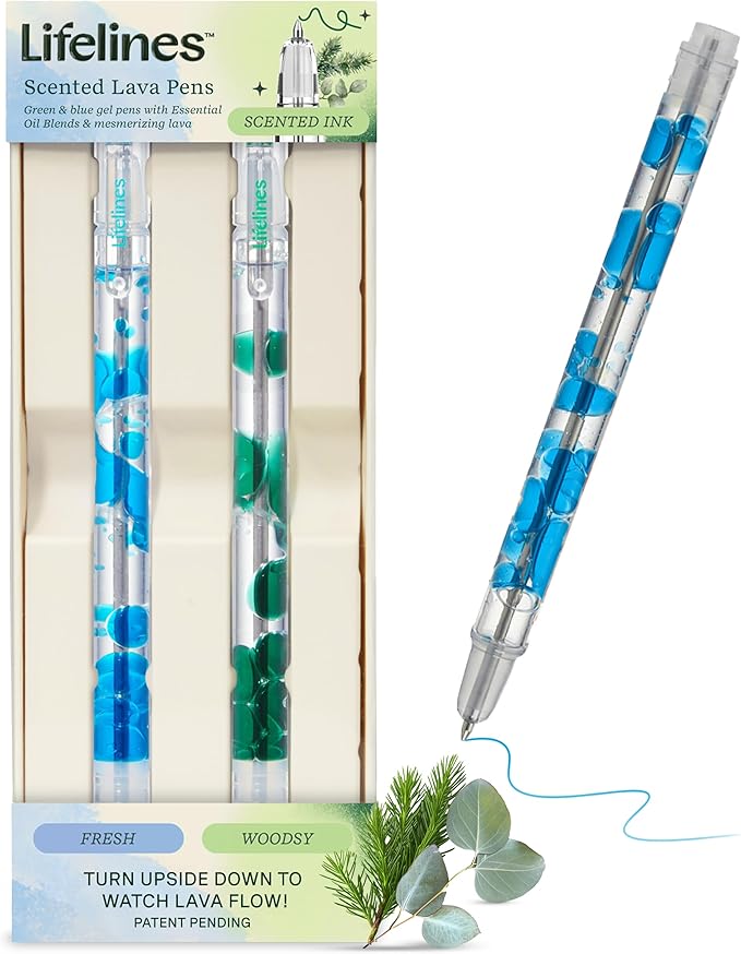 Lifelines Scented Lava Gel Pen Set, 2-Pack (Blue & Green) - 0.7mm Colored Gel Pens Infused with Scented Essential Oil Blends & Mesmerizing Lava - School Supplies for College Kids & Adults