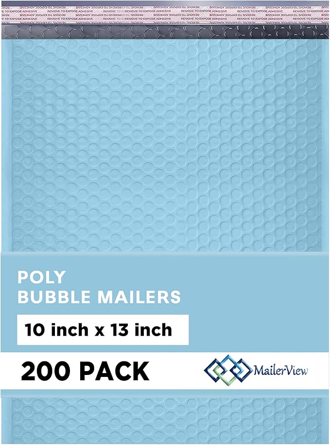 Light Blue 10x13 Inch Poly Bubble Mailers |Self Seal Padded Envelopes for Thick books | Cushioned Bubble Mailer | Usable Size 9.5x13 Inch | Waterproof Lightweight Mailing Shipping Bags | 200 Pack Bulk
