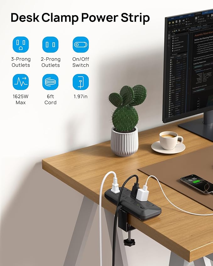 TROND Desk Clamp Power Strip - 1700J Surge Protector with 7 Outlets, Desktop Edge Mount Extension Cord, Fit 1.97" Tabletop, 6FT Flat Plug for Teacher Must Haves, Office, ETL List, Black