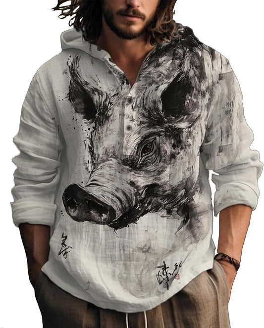 MARSVOVO Hooded Long Sleeve Shirt Men Fashion Graphic Button Up Lightweight Big and Tall Casual Vacation Shirts for Men