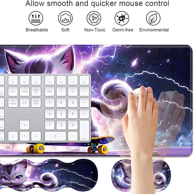 4 in 1 Ergonomic Keyboard Wrist Rest & Mouse Pad Wrist Rest Set, Large XXL Gaming Desk Mat 31.5"x 11.8" with Non-Slip Base, Memory Foam for Home Office Study Gaming, Cute Cat Playing Scooter