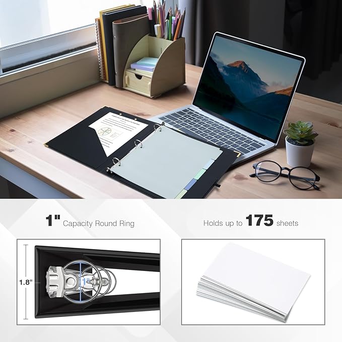 Ospelelf 3 Ring Binder 1 Inch, Clipboard Binders for Letter Size Documents (11" x 8.5") with 5 Tab Dividers, File Folder Labels, Black Organizer for School and Office Supplies