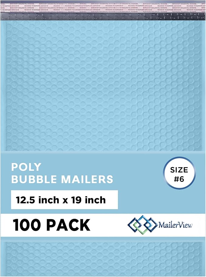 Light Blue 12.5x19.5 Inch Large Poly Bubble Mailers #6 | Padded Envelopes with Self Seal | Air Lined Cushioned Bubble Mailer | Usable Size 12.5x15 | 100 Pack Bulk | Lightweight shipping Bags