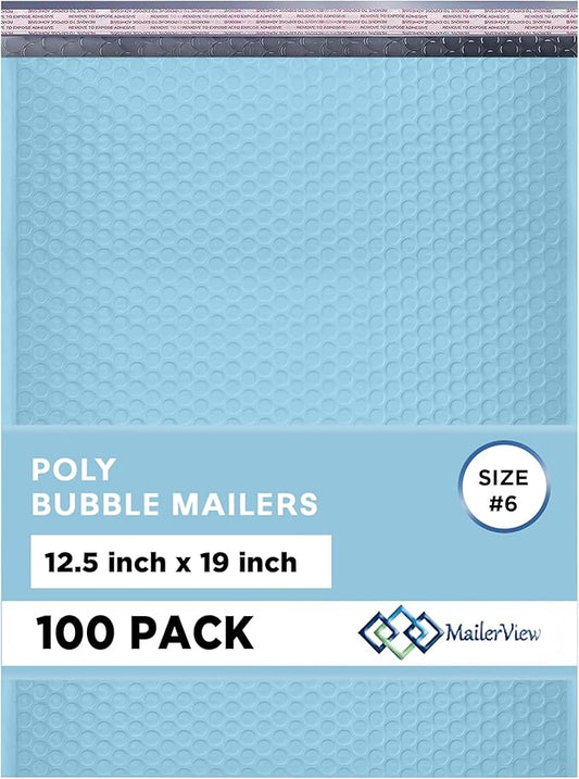 Light Blue 12.5x19.5 Inch Large Poly Bubble Mailers #6 | Padded Envelopes with Self Seal | Air Lined Cushioned Bubble Mailer | Usable Size 12.5x15 | 100 Pack Bulk | Lightweight shipping Bags