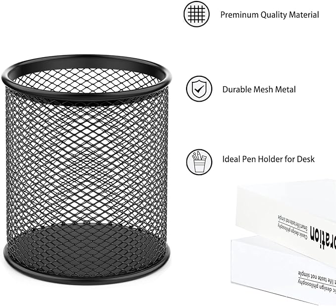 Pen Holder Mesh Pencil Holder Metal Pen Holder Cup Pencil Cup Holder for Desk Office Pen Organizer Black, 4 Pack