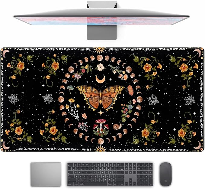 Moth Desk Pad Mushroom Phase Moon Phase Desk Mat, Boho Flowers and Leaves Computer Big Mouse Pad Washable Cloth Non-Slip Rubber Base Keyboard Pad Mouse Mat for Office with Stitched Eges 31.5x15.7 in