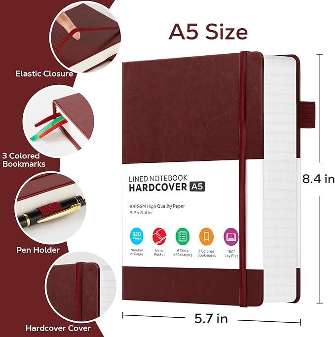 Lined Thick Journal Notebook for Writing Women Men, 320 Pages, Medium 5.7 inches x 8.4 inches, Hardcover Leather Notebook with 100 gsm Thick Paper, Burgundy