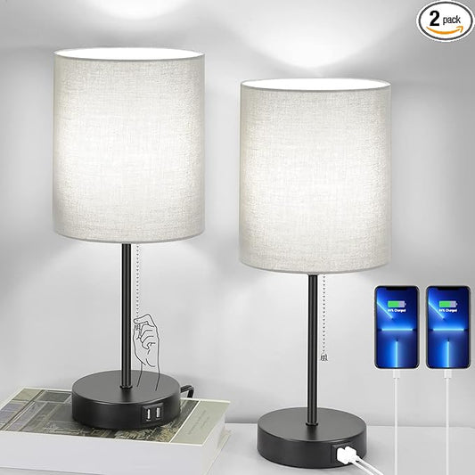 17.3’’ Table Lamps Set of 2 with 2 USB & AC Outlet, Bedside Nightstand Lamps for Bedroom Living Room Kid’s Room, Desk Lamp with Pull Chain Switch & Fabric Shade for Office Reading Nursery, Grey