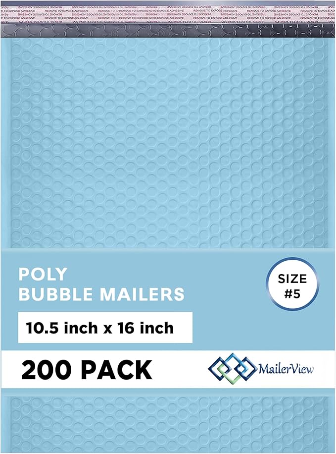 Light Blue 10.5x16 Inch Large Poly Bubble Mailers #5 | Padded Envelopes with Self Seal | Air Lined Cushioned Bubble Mailer | Usable Size 10.5x15 | 200 Pack Bulk | Lightweight shipping Bags