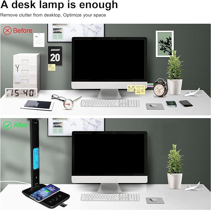 Desk Lamp with Wireless Charger，USB Charging Port, Dimmable Office Desk Light with Clock, Alarm, Date, Temperature, Foldable Lamp for Table Bedroom Bedside Office (Black, Standard Size-13.3 inch)