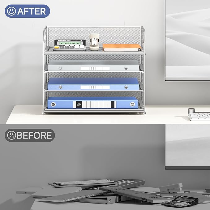 Lavatino 4-Tier Paper Organizer Trays - Silver Mesh File Folder Sorter with Handles, Desk Letter Holder Organizer for Office, Home, School Supplies Storage & Organization