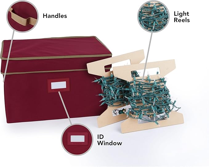Covermates Keepsakes Christmas Light Storage Box - Carrying Handles, Sturdy Interior Walls - Holiday Storage, Red