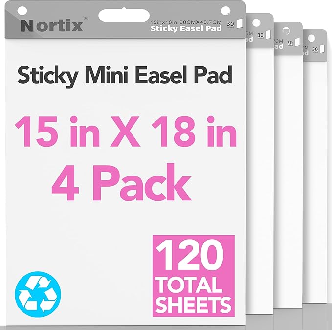 Nortix Flip Chart Paper, Sticky Easel Pads, Chart Paper for Teachers,Super Adhesive & Bleed-Resistant, Mini Self-Stick Easel Paper for Classroom/Office, 15 x18 inch, 30 Sheets/Pad, 4 Pads