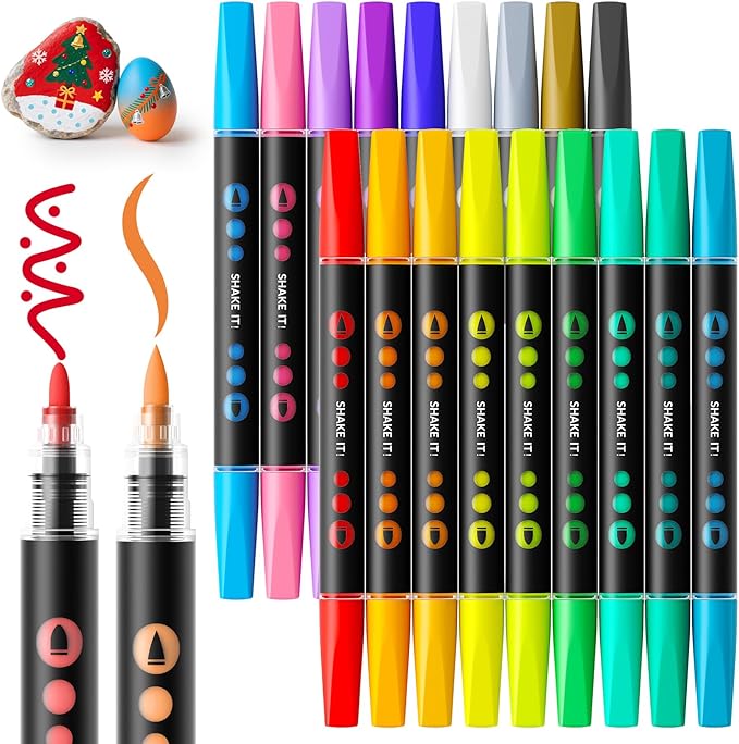 SUNEE 18 Colors Acrylic Paint Markers, Dual Tip with Bullet and Brush Tip Paint Pens with Automatic Ink Control System, Coloring Markers for Rock, Wood, Canvas, Glass DIY Crafts Art Supplies Kit