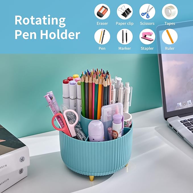 Marbrasse Desk Organizer, 360-Degree Rotating Pen Holder for Desk, Desk Organizers and Accessories with 5 Compartments Pencil Organizer, Art Supply Storage Box Caddy for Office, Home （Light Blue）
