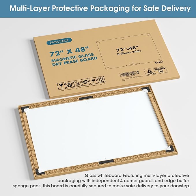 MaxGear Glass White Board 72x48 Inches Brilliance White Magnetic Dry Erase Board Wall Mounted Whiteboard, Large Frameless Whiteboard with 1 Eraser,3 Markers and 6 Magnets for Office, School, Home