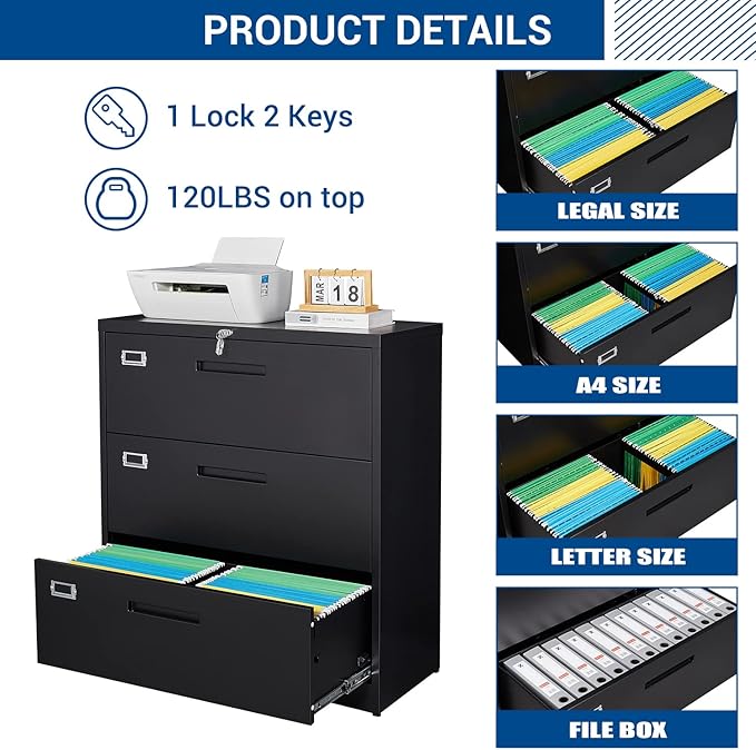 Lateral File Cabinet with Lock, 3 Drawer Large Metal Filing Cabinet,Home Office Lockable Storage Cabinet for Hanging Files Letter/Legal/F4/A4 Size-Assembly Required