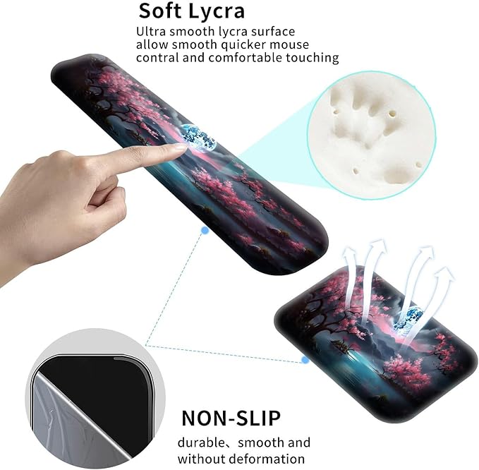 Large Gaming Mouse Pad+Memory Foam Ergonomic Keyboard Wrist Rest Support+Wrist Rest+Coaster, Extended Desk Pad Set, Stitched Edge Non Slip Desk Mat 4PC for Office & Home, Moon Cherry Blossom