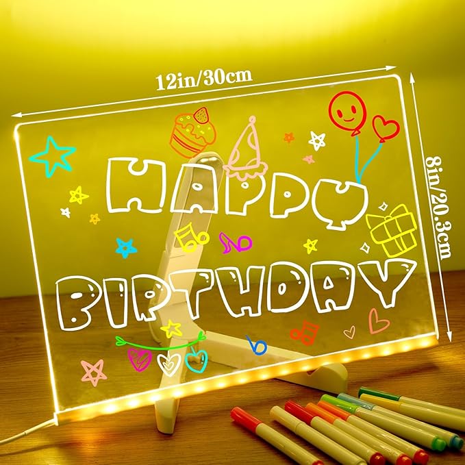 LED Note Board with Colors, 12"x 8" Glowing Acrylic Dry Erase Board with Light, Led Drawing Board with Stand LED Message Writing Board with 7 Markers for Holiday Party Christmas Gift