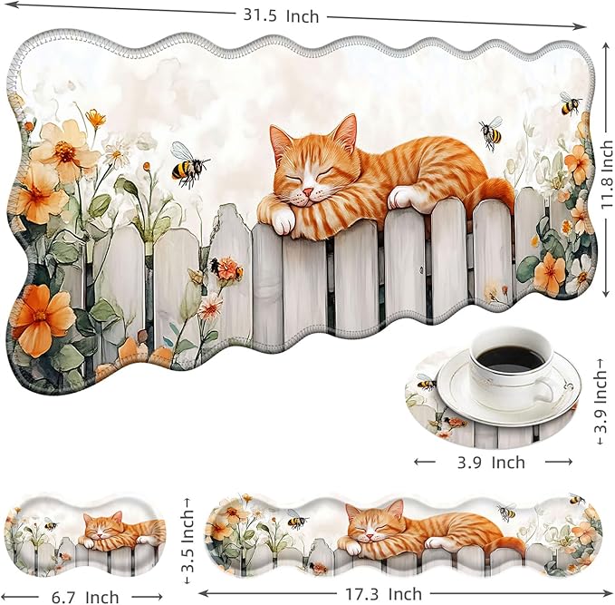 Large Mouse Pad and Keyboard Wrist Rest, Desk Pad for Keyboard and Mouse, 4-in-1 Large Gaming Mouse Pad with Wrist Support, Desk Mat for Home Office Study Game-Sleeping Cat on Fence