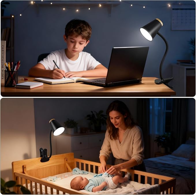 Clip on Desk Lamp for Home Office - Small LED Touch Dimmable Reading Lights for Books in Bed - Adjustable Flexible Gooseneck Clamp Light Table Lamp for Bedside Bedroom Headboard Black
