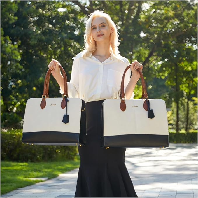 LOVEVOOK Laptop Bag for Women, Work Tote Bags 17.3 inch Computer Bags for Laptops for Women Purse, Large Vintage PU Leather Waterproof Business Office Briefcase, Beige Black Brown