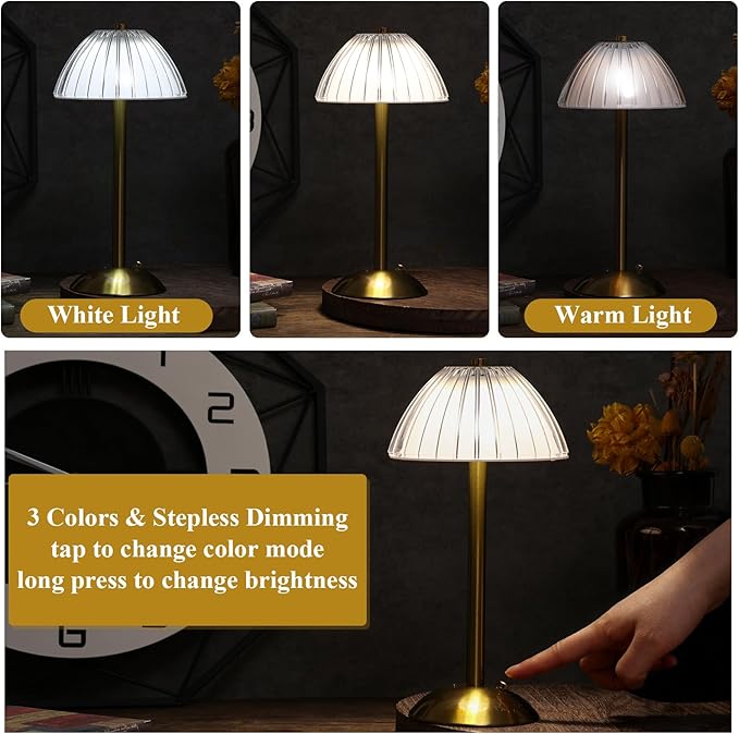 Liliful 6 Pcs LED Portable Cordless Table Lamp Touch Battery Operated Rechargeable Gold Desk Lamp 3 Color Dimmable for Bedroom Living Room Dining (Gold,Mushroom Style)