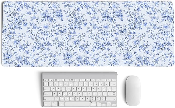 Light Blue Chinoiserie Mouse Pad,Vintage Blue And White Floral Desk Mat,XL Large Vintage Floral Preppy Mouse Pad,Girly Gaming Mousepad,Girly Laptop Desk Mat For Dorm Home Office,31.5x11.8 Inch