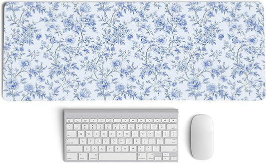 Light Blue Chinoiserie Mouse Pad,Vintage Blue And White Floral Desk Mat,XL Large Vintage Floral Preppy Mouse Pad,Girly Gaming Mousepad,Girly Laptop Desk Mat For Dorm Home Office,31.5x11.8 Inch