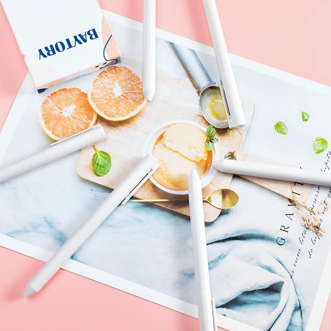 BAYTORY 8Pcs Rotatable Gel Pens, 0.5mm Fine Point Black Ink Pen, Smooth Writing Quick Dry Gel Ink Pens for Journaling Note Taking Sketching (White)