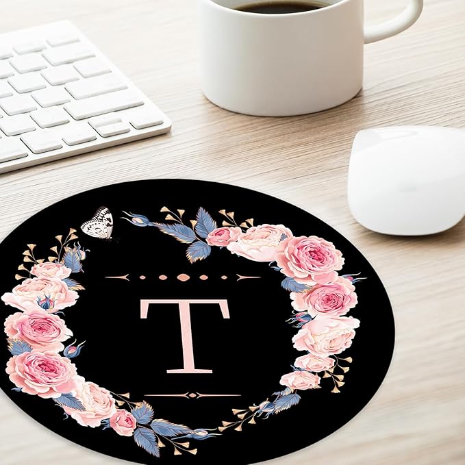 Letter T Black and Pink Flowers Round Mouse Pad,Funny Small Mouse Pad with Non-Slip Rubber Base,Mouse Mat,Home Office Decor Desk Accessories,8.7inch Round Mouse Pad