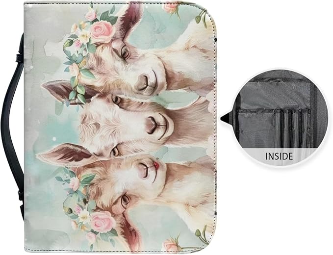 Lotusorchid Flowers Goat Printed Bible Cover for Women, Large Bible Cover for Women PU Leather Bible Case Bible Carrying Case Bible Covers Church Bag Bible Protective with Handle and Zippered Pocket