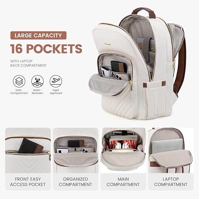 LOVEVOOK Laptop Backpack for Women 17.3 inch,Cute Womens Travel Backpack Purse,Professional Laptop Computer Bag,Waterproof Work Business College Teacher Bag Carry on Backpack with USB Port,White Brown