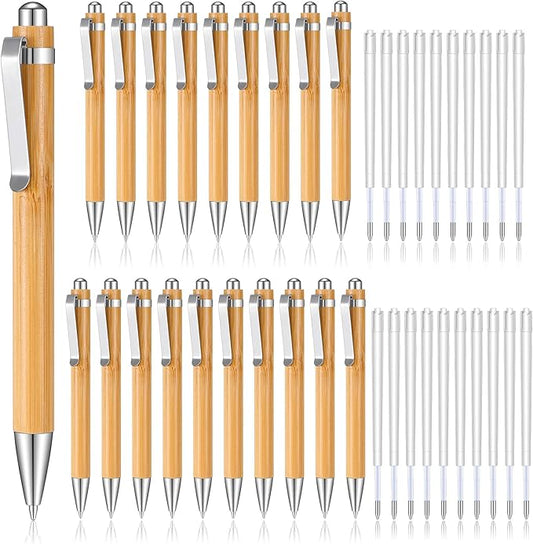 Fainne Bamboo Retractable Ballpoint Pen Engraving Wooden Black Ink 1mm Thank You Wooden Pens Writing Office School Supplies for Teacher Coworker Student Journal Graduation Gifts(20 Pcs)