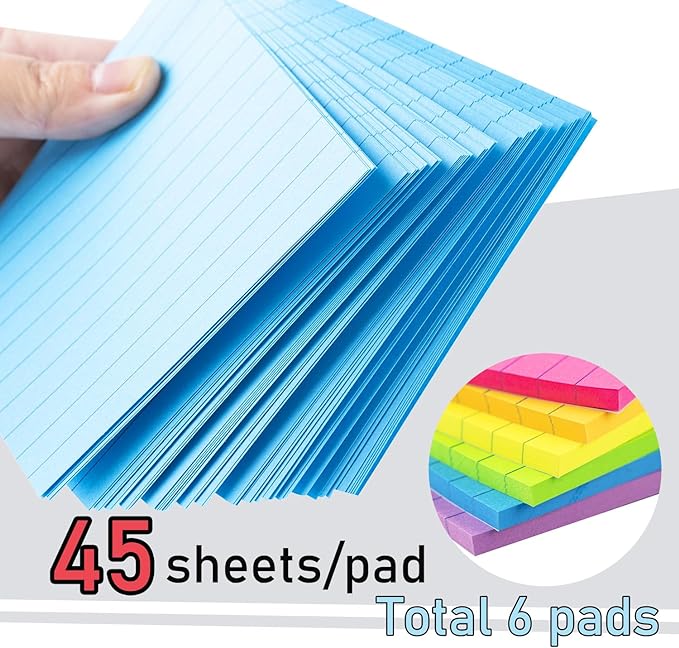 Lined Sticky Notes 4X6 in Bright Ruled Post Stickies Colorful Super Sticking Power Memo Pads, 45 Sheets/pad, 6 Pads/Pack
