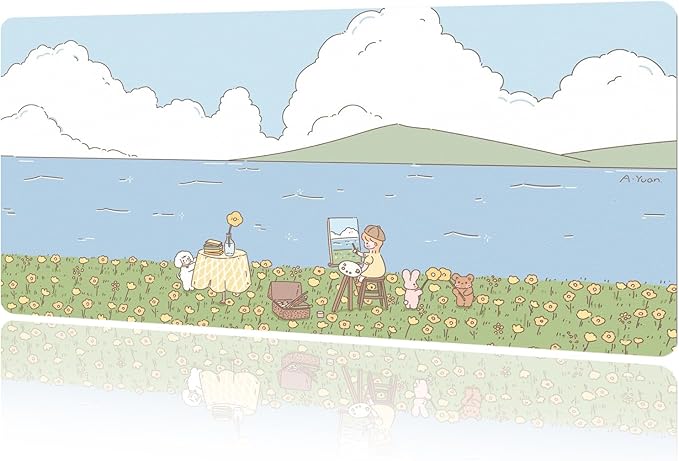 MAYCARI Cute Desk Mat Kawaii Mousepad, Anime Aesthetics Desk Pad XXL Cute Green Blue Nature Mouse Pad Computer Keyboard Mat, Office Desk Pad Protector 31.5"X15.7"