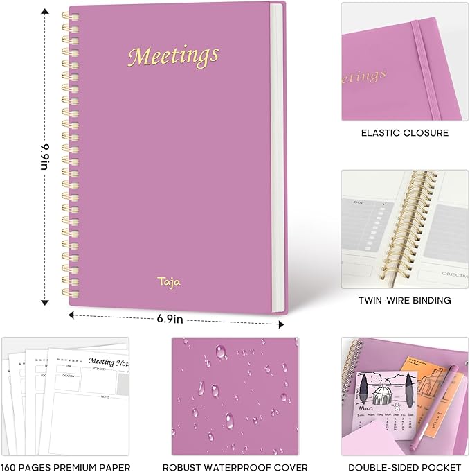 Meeting Notebook for Work Organization - Work Planner Notebook with Action Items, Agenda Planner for Note Taking, 160 Pages (6.9" X 9.9") Project Organizer for Men & Women - Purple