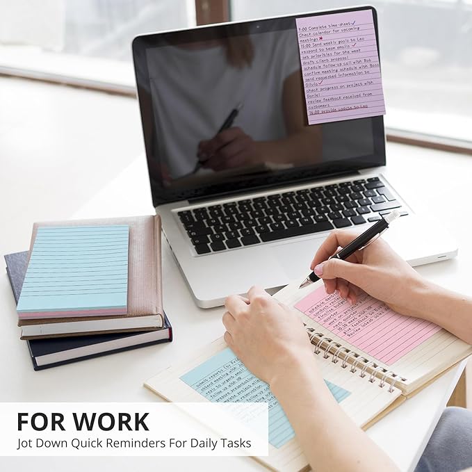 Lined Sticky Notes, 8 Pads, 4x6 inches Bright Sticky Note Pads with Lines, Colorful Self-Stick Note Pads, Perfect for Office Home School Desk Accessories, 35 Sheets/pad - Vibrant Colors