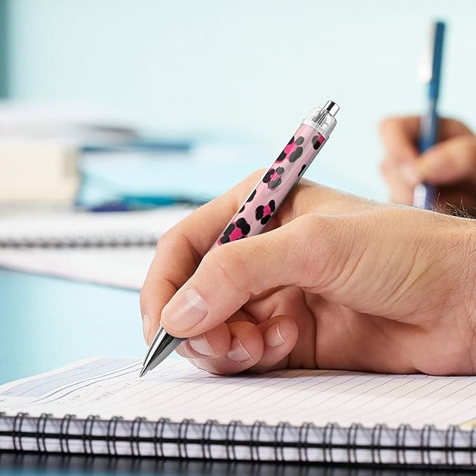 Cute Ballpoint Pen Refillable Black Ink 0.5 mm Ball Point Pens Cheetah Leopard Print Pink Floral Retractable Pens Writing Accessories for Teacher Writer, 2 Pcs