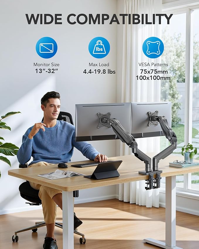 HUANUO Dual Monitor Stand, Fully Adjustable Monitor Desk Mount for 13–32″ Computer Screens, Full Motion VESA 75x75/100x100 with C-Clamp & Grommet Base, Each Arm Holds 4.4 to 19.8 lbs -Grey