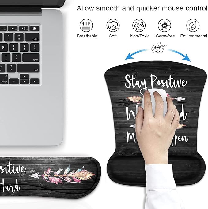 Mouse Pad Wrist Support and Keyboard Wrist Rest Set with Coasters, Stay Positive Work Hard and Make It Happen Inspirational Quote Wrist Mouse Pad with Non-Slip PU Base for Home Office Working Studying