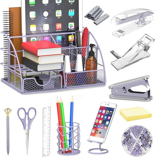 Purple Office Desk Organizers,Purple 13PCS Office Supplies and Accessories Desk organizer, Acrylic Stapler, Staple Remover, Clips, Scissor, Phone Holder, Pen, Pen Holder, Tape Dispenser