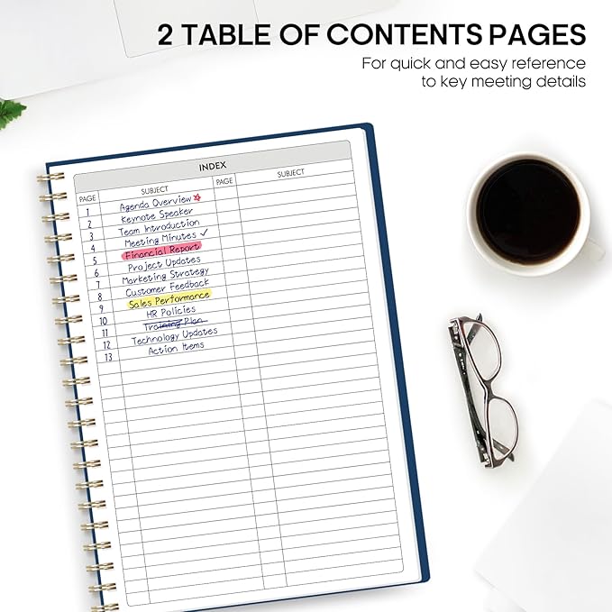 Meeting Notebook for Work Organization - Work Planner Notebook with Action Items, Agenda Planner for Note Taking, 160 Pages (6.9" X 9.9") Project Organizer for Men & Women - Navy Blue